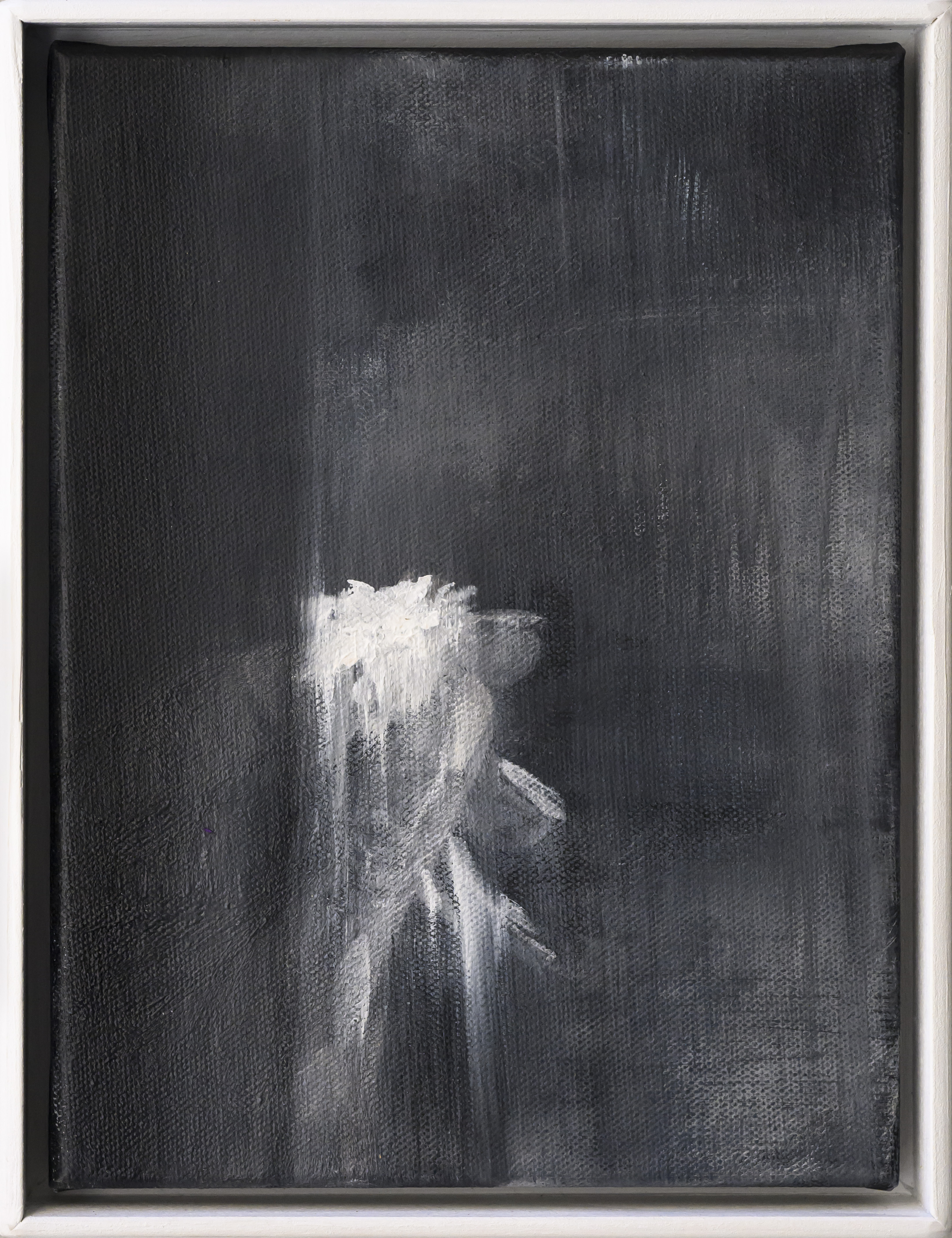 Abstract black and white painting with light strokes resembling a flower on a dark textured background.