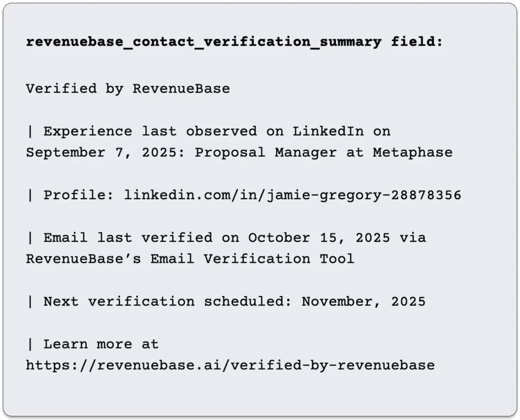 RevenueBase contact verification summary field