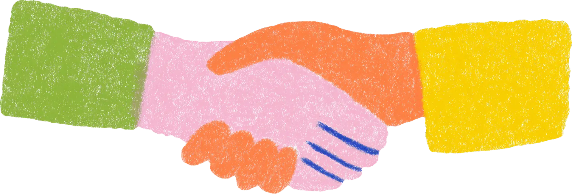 Colorful illustration of two hands shaking, with one arm in green and yellow sleeves and the other in orange.