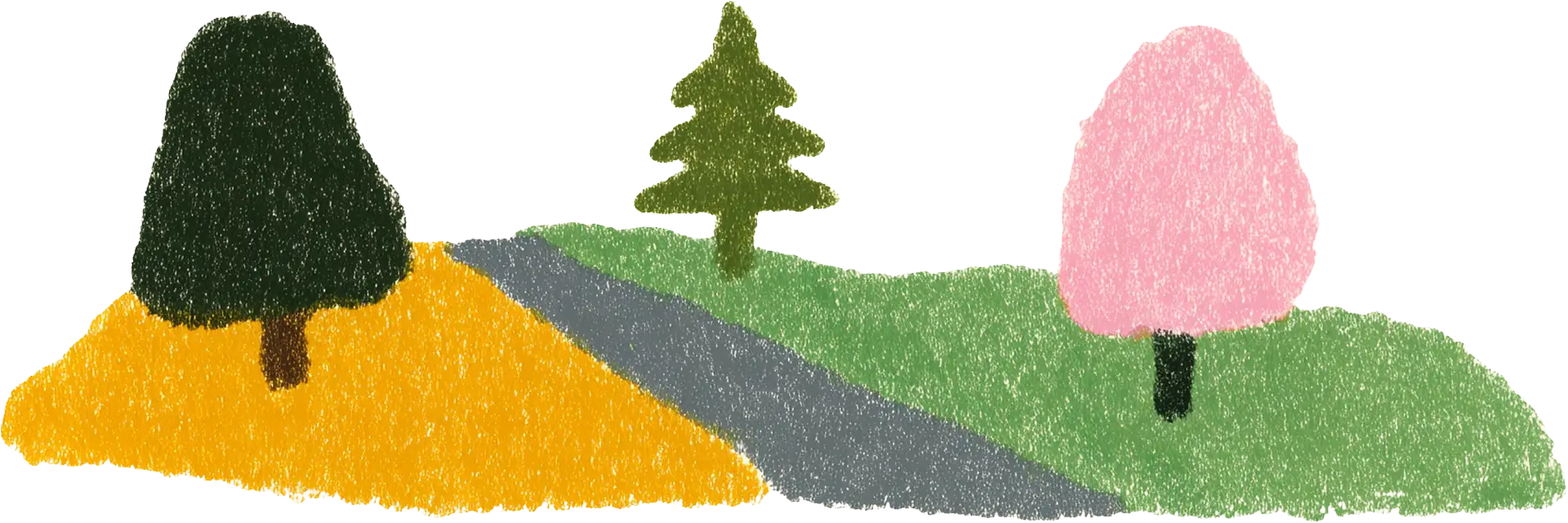 Illustration of three stylized trees with different shapes and colors on colored grassy patches connected by a gray path.