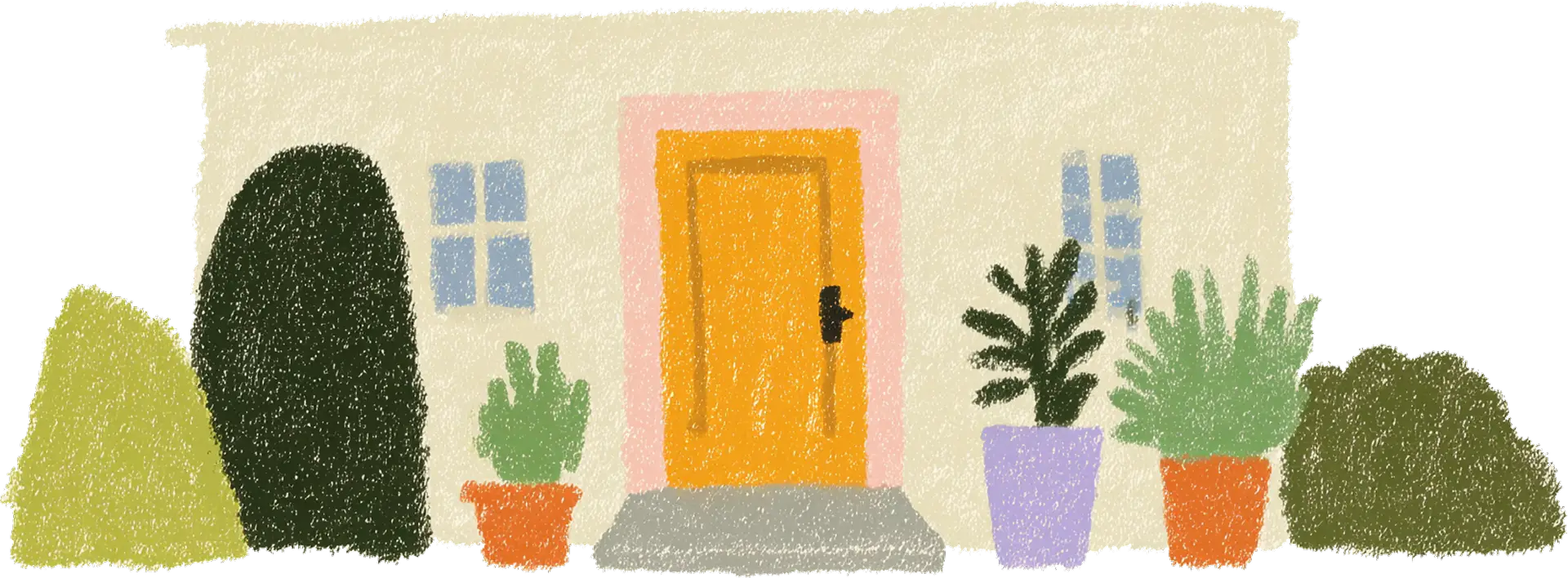 Simple illustration of a house front with an orange door, two blue windows, and various potted plants around the entrance.