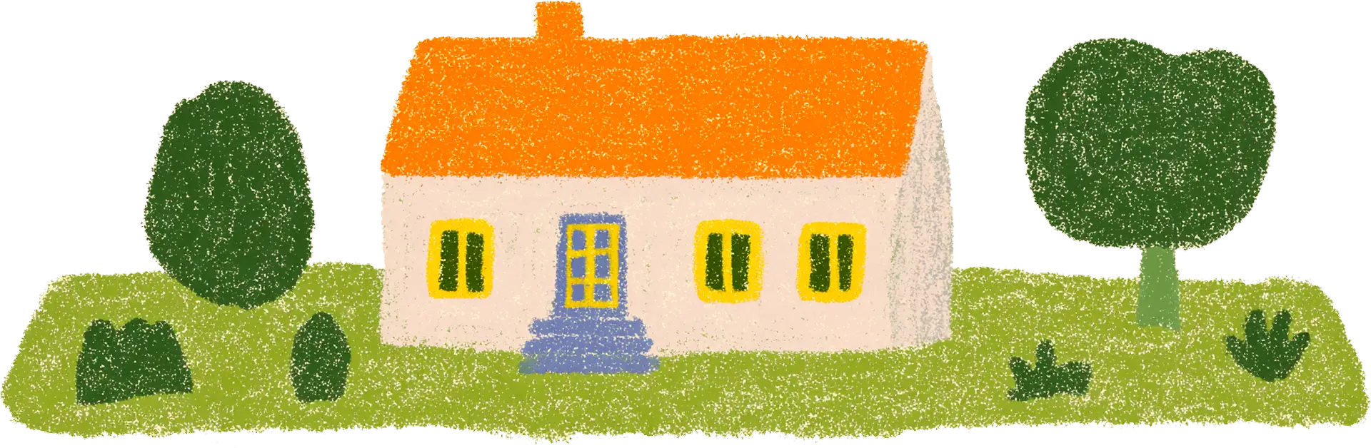 Illustration of a house with an orange roof, light beige walls, a blue door with steps, two yellow-framed windows, surrounded by green grass, bushes, and two trees.