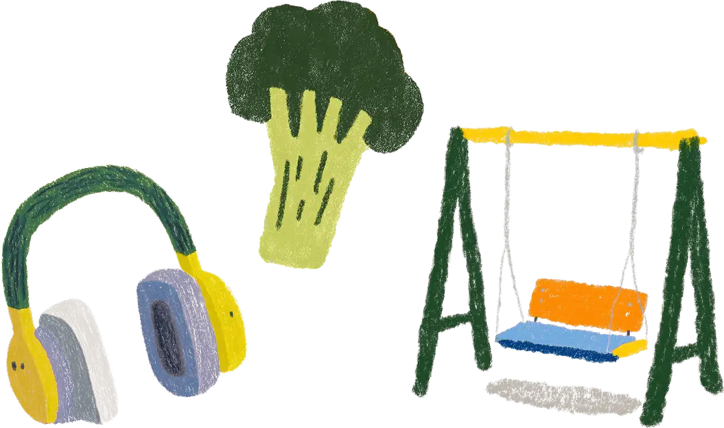 Crayon-style illustrations of a yellow and green headphone, a green broccoli floret, and a colorful swing set.