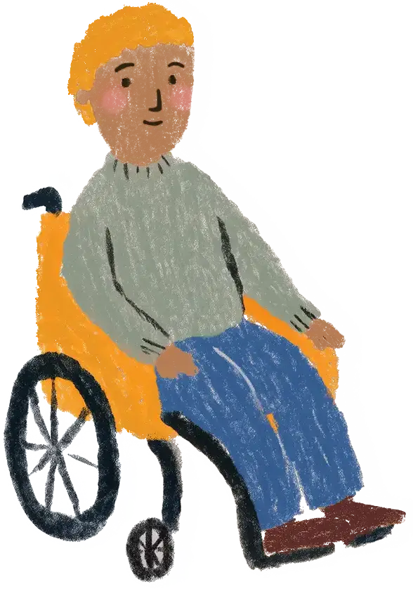 Illustration of a person with curly orange hair sitting in a yellow wheelchair wearing a gray sweater and blue pants.