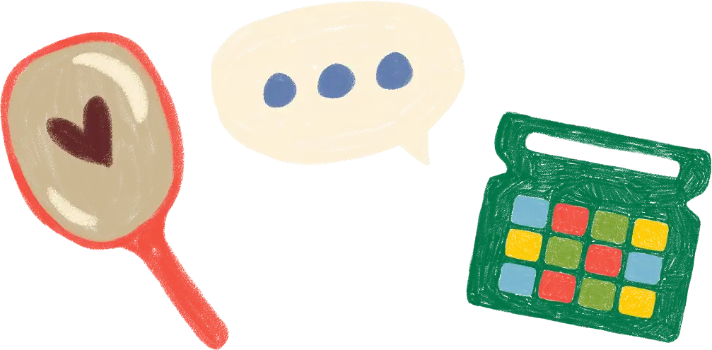 Illustration of a red hand mirror with a heart on the glass, a beige speech bubble with three blue dots, and a green calendar with colorful squares.