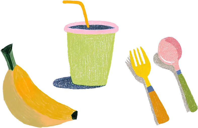 Illustration of a banana, a green cup with a yellow straw, and a yellow fork and pink spoon with orange and green handles.