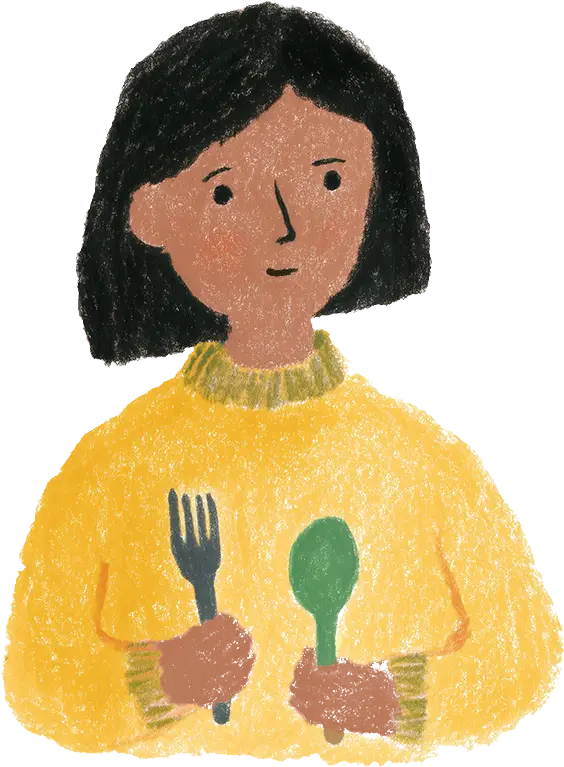 Illustration of a person with black hair wearing a yellow sweater holding a fork in one hand and a spoon in the other.