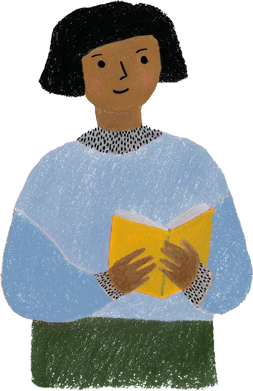 Illustration of a person with short curly hair wearing a blue sweater and holding an open yellow book.
