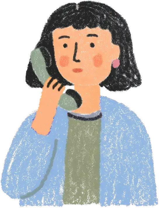 Illustration of a person with black hair wearing a blue jacket, holding a green phone receiver to their ear.