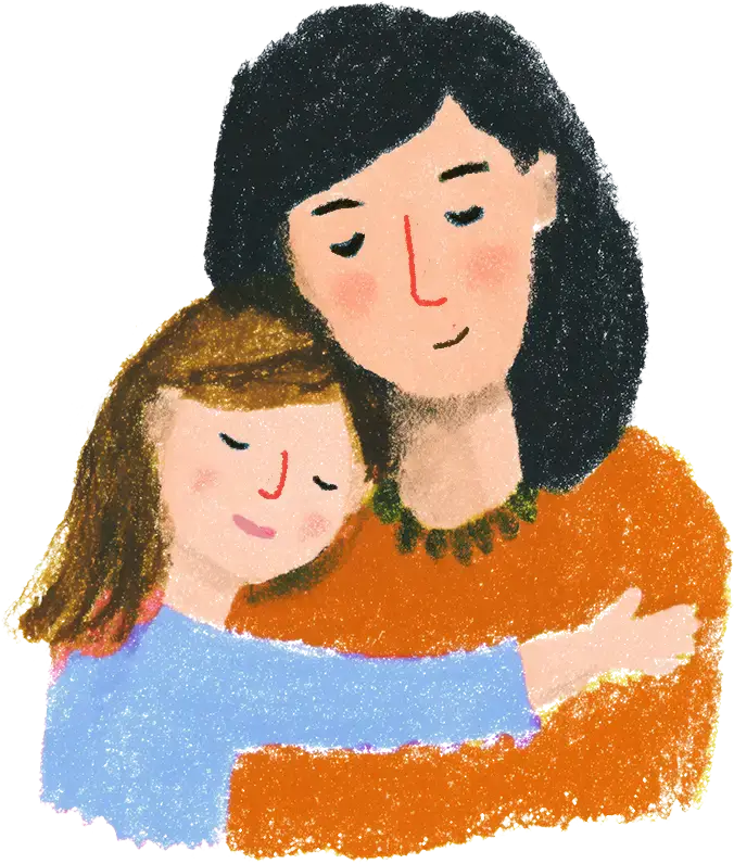 Illustration of a child with brown hair hugging a woman with black hair, both with closed eyes and content expressions.