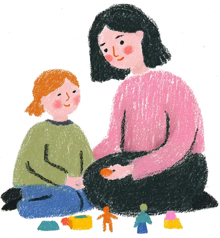 Illustration of an adult woman and a child sitting on the floor playing with small colorful toy figures.