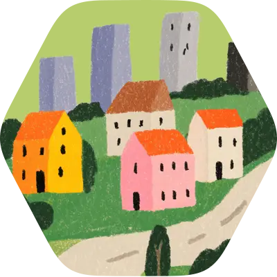 Illustration of a small neighborhood with colorful houses and tall buildings in the background.