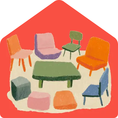 Illustration of a group of colorful chairs and stools arranged around a green rectangular table on a light-colored surface with a red background.