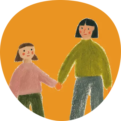 Illustration of two people holding hands against an orange background, one wearing a green sweater and the other a pink sweater.