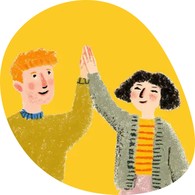 Illustration of a man and woman giving each other a high five against a yellow background.