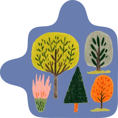 Illustration of five stylized trees with varied shapes and colors on a blue background.