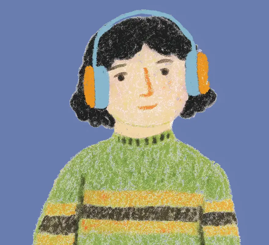 Illustration of a person with short black hair wearing blue and orange earmuffs and a green sweater with yellow and black stripes.