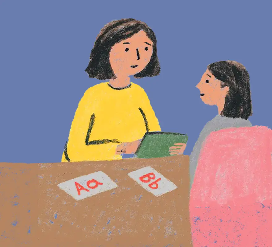 Illustration of a woman in a yellow shirt holding a tablet, sitting at a table with flashcards labeled 'Aa' and 'Bb', interacting with a child in a pink chair.