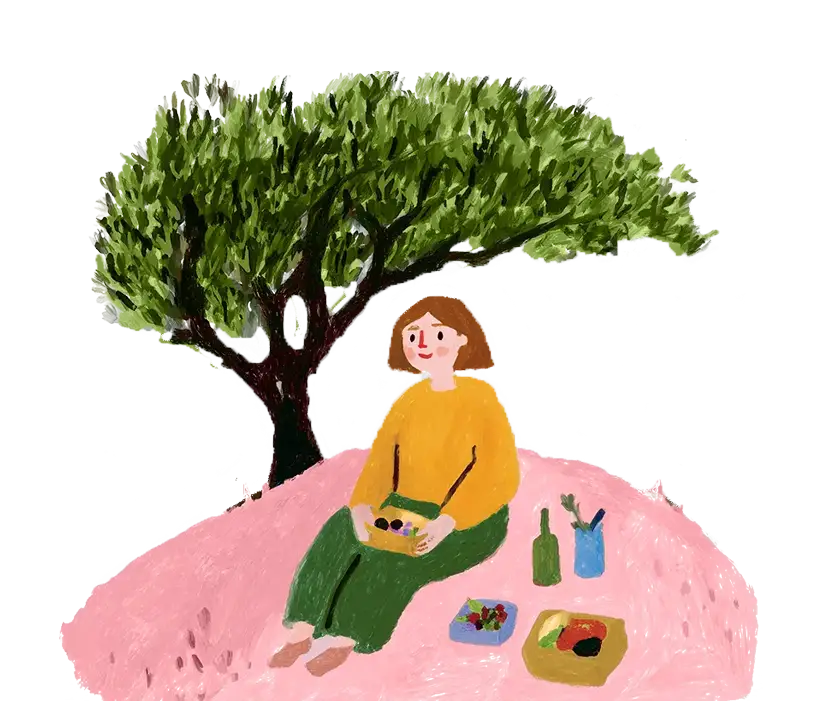 Illustration of a person sitting on a pink blanket under a tree, holding a bowl, with picnic items nearby.