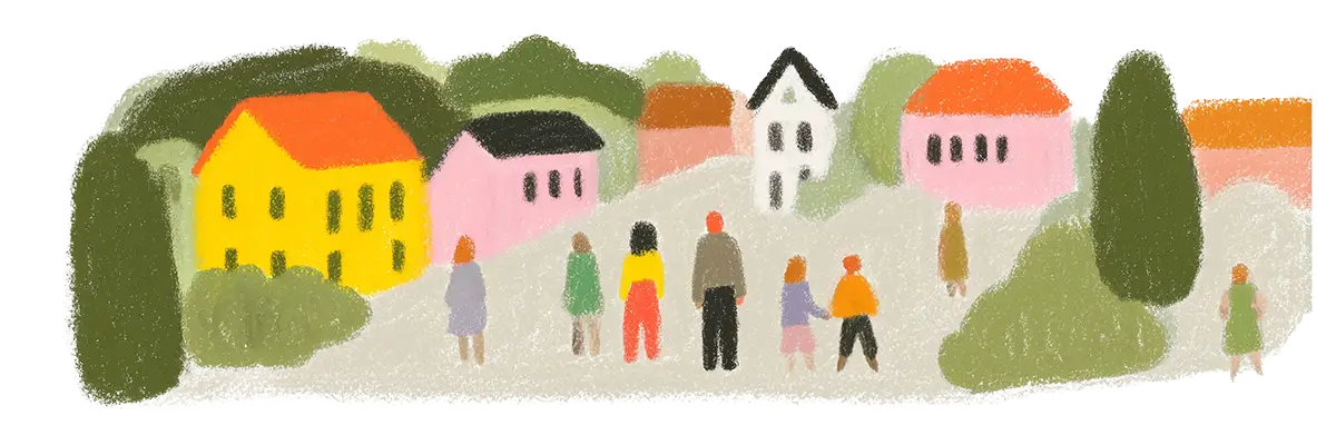 Illustration of colorful houses and trees with people standing and walking on a path in a village setting.
