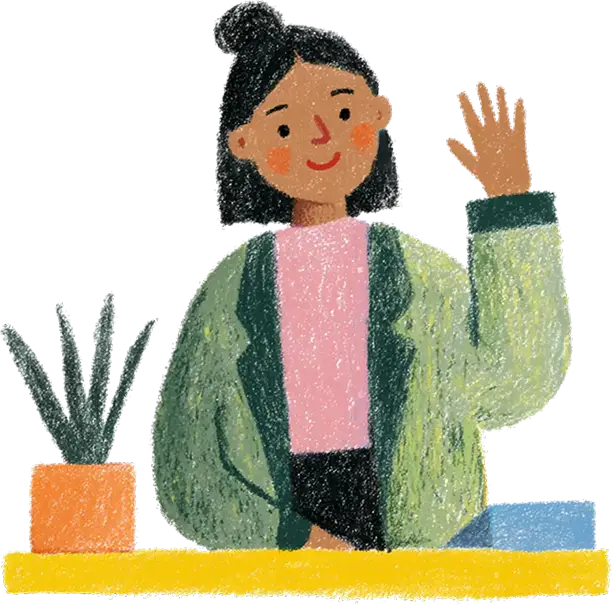Illustration of a person with dark hair wearing a green jacket and pink shirt, waving with one hand next to a potted plant on a yellow surface.
