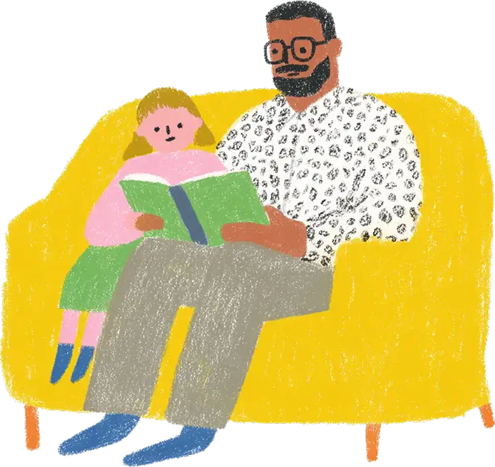Illustration of a man with glasses reading a book to a child on a yellow couch.
