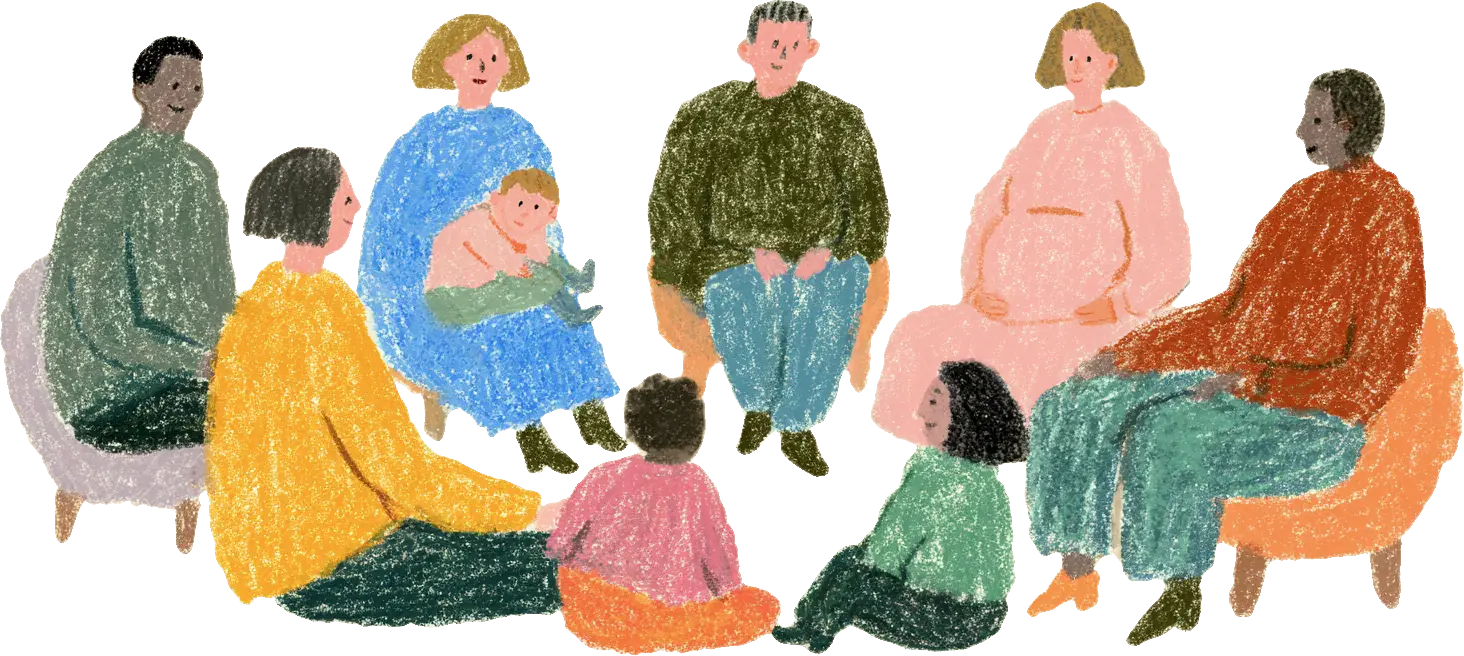 Illustration of diverse group sitting in a circle with a baby and a pregnant woman.
