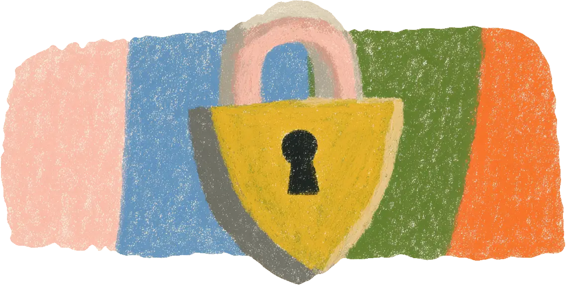 Illustration of a yellow padlock over a background of five vertical colored stripes.