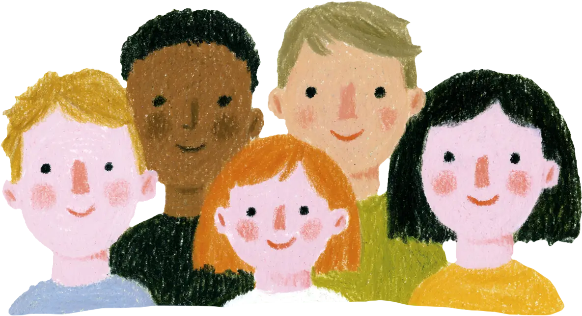 Illustration of five smiling children with diverse hair colors and skin tones.