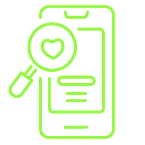 Green line icon of a smartphone with a magnifying glass showing a heart symbol, representing health or love search on mobile.