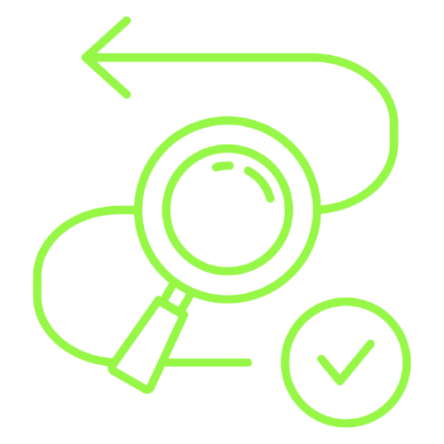 Green line art of a magnifying glass with a curved arrow pointing left and a checkmark circle symbol.