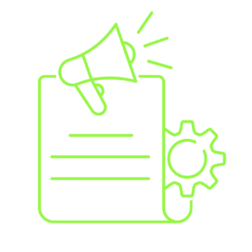 Green outline of a document with a megaphone on top and a gear on the right side, symbolizing announcement and settings.