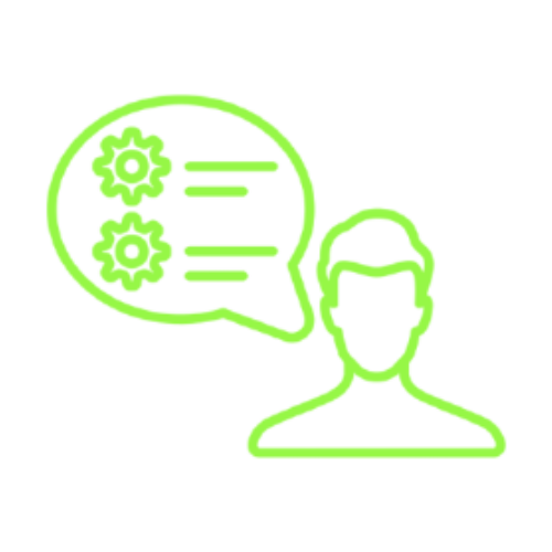 Green outline of a person next to a speech bubble containing two cogwheels and horizontal lines representing dialogue or discussion about settings or processes.