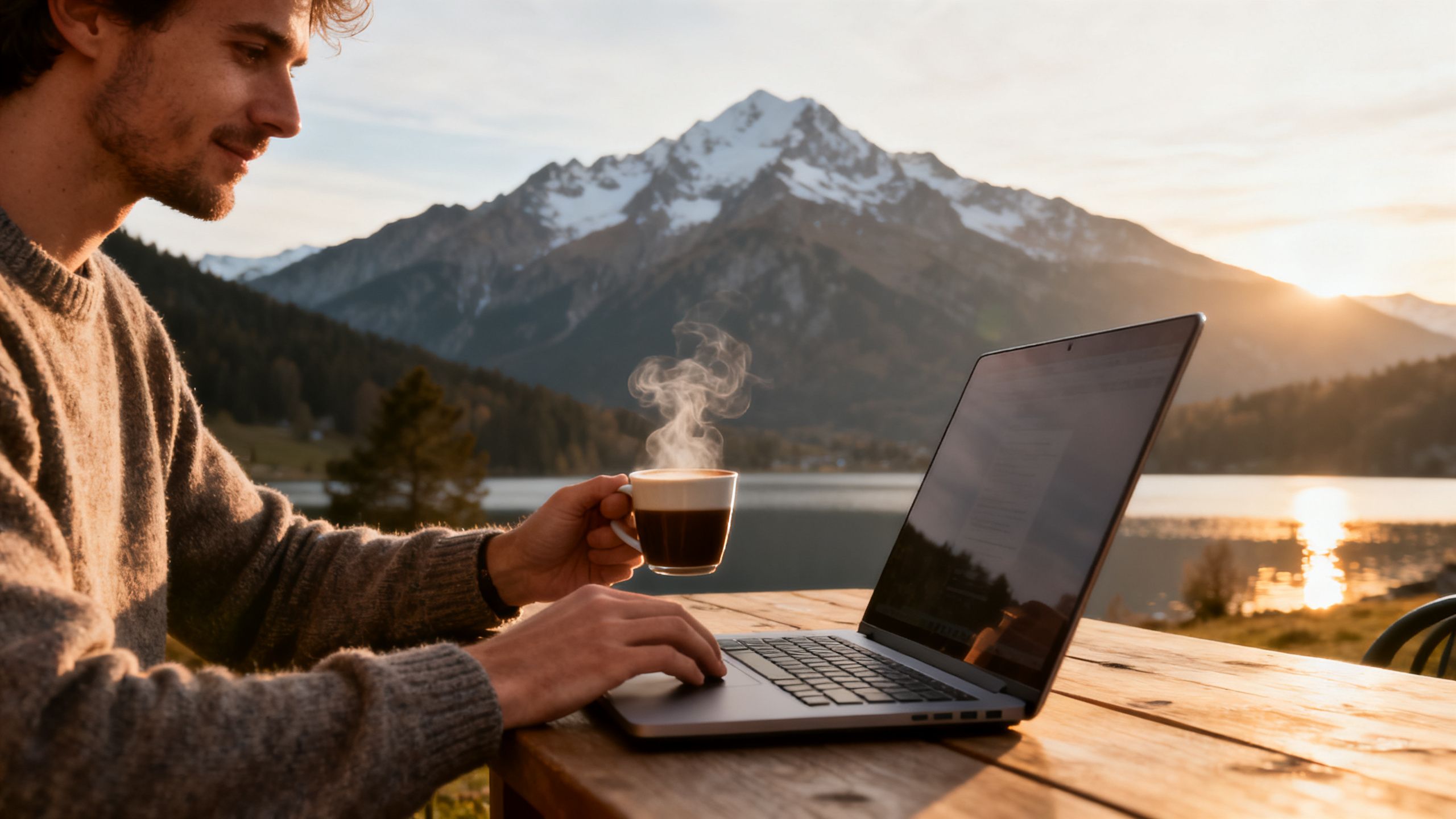Digital nomad working remotely from a scenic location with a laptop and coffee