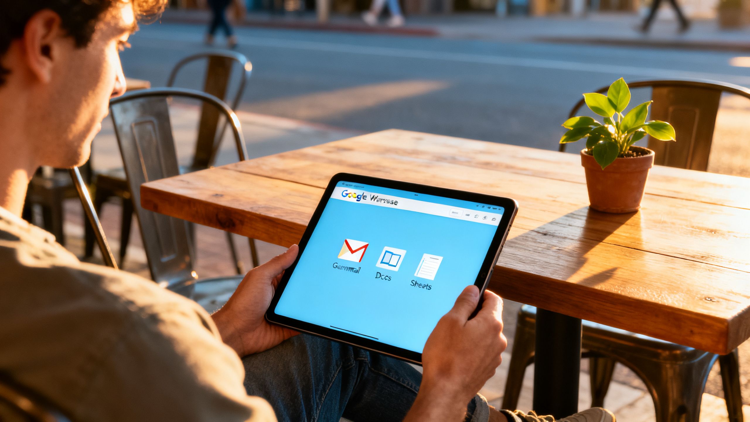 Person using Google Workspace on a tablet at an outdoor café