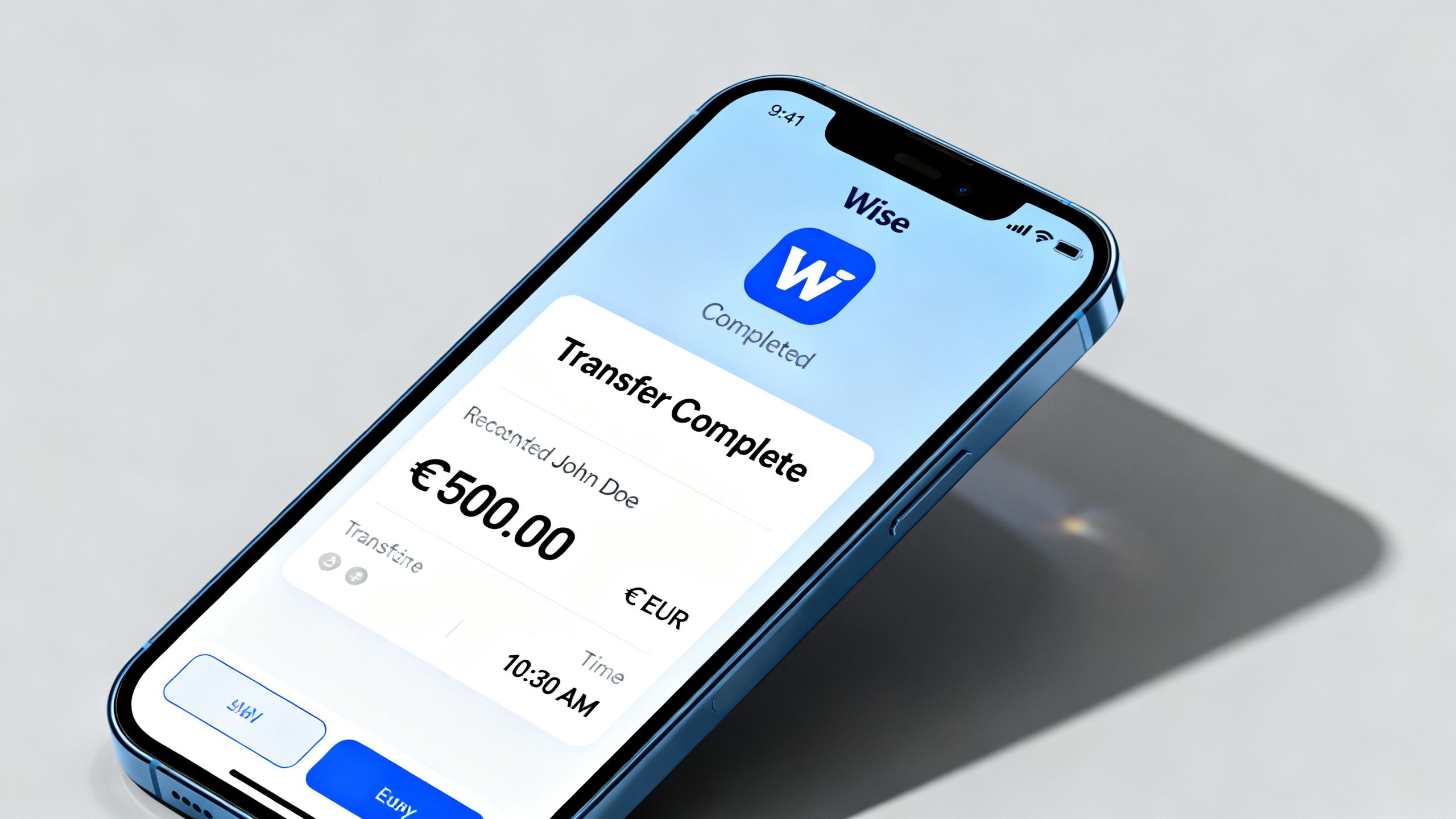Phone screen with Wise app open and money transfer completed