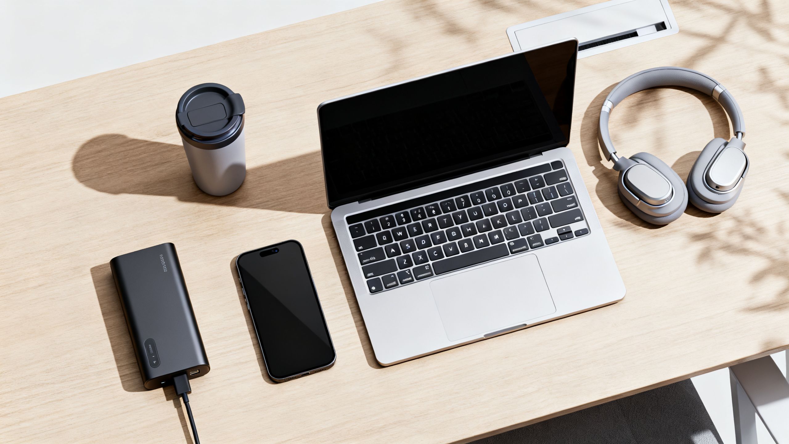 Overhead shot of a workspace setup with a laptop, phone, and digital nomad gear