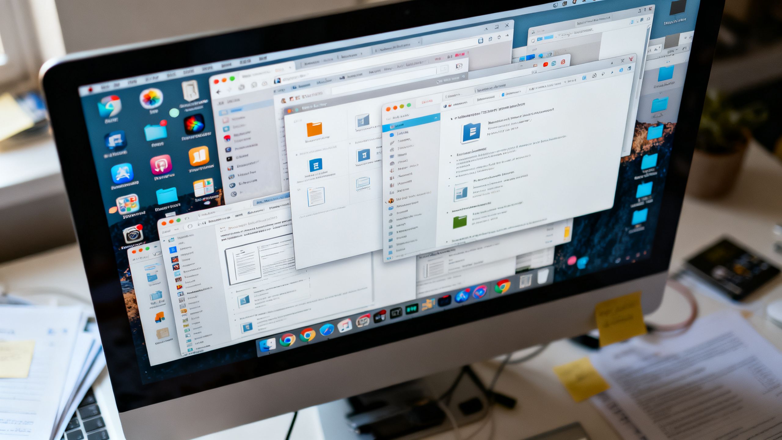 Screenshot of a cluttered desktop with too many apps open