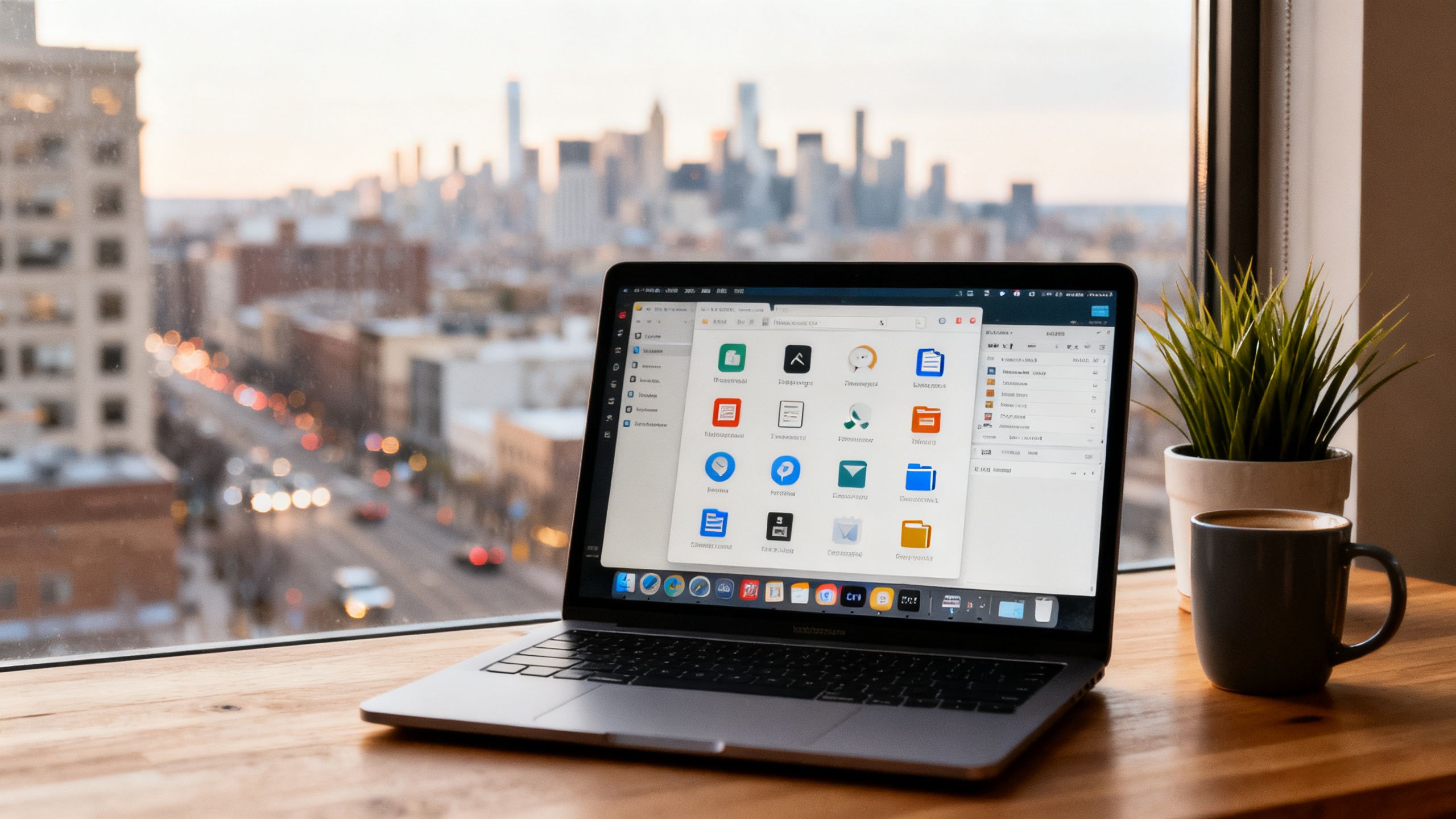 Remote worker organizing apps and tools on their laptop by a window overlooking a city