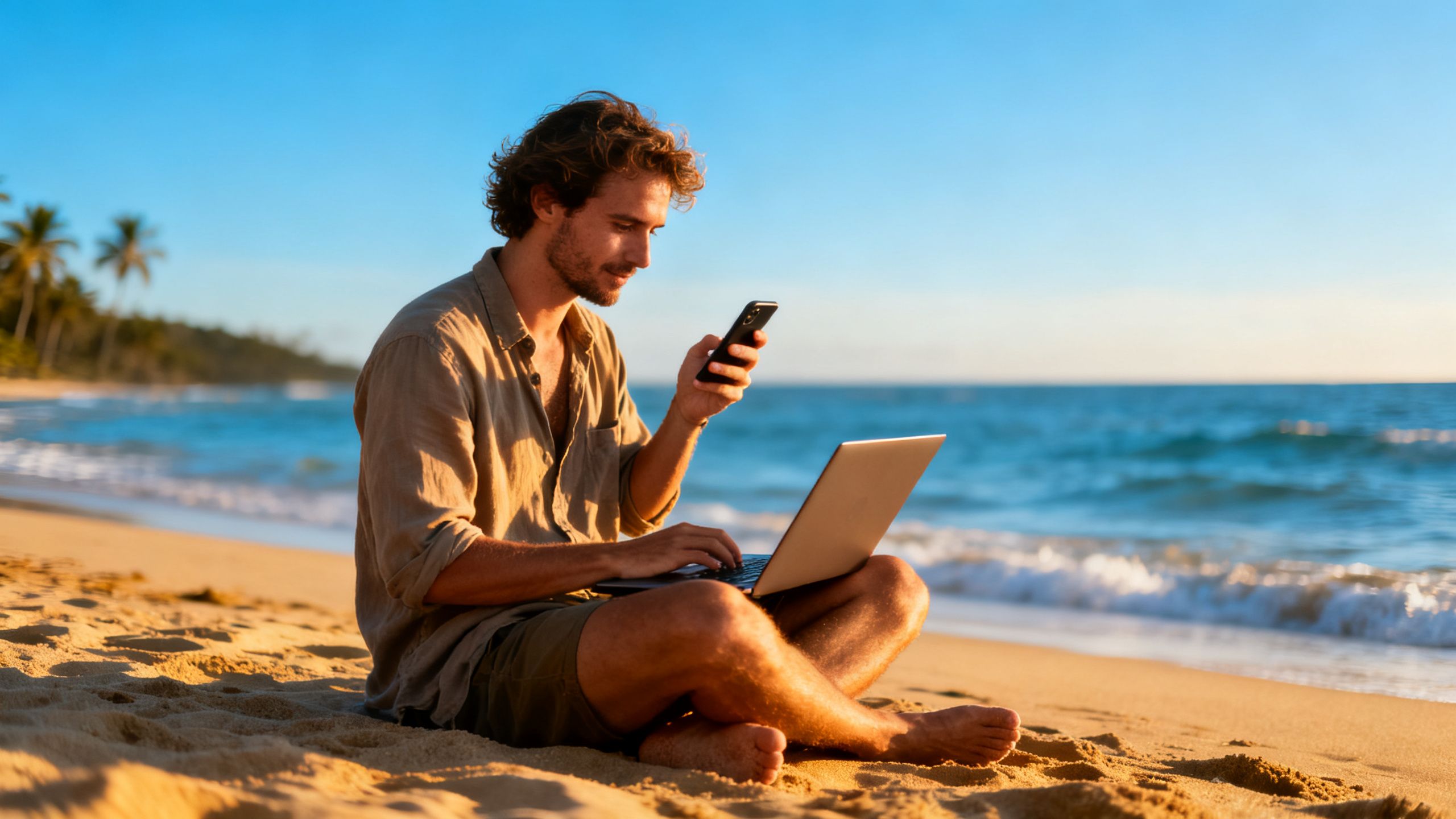 Traveler running a successful business remotely from a beach with a laptop and phone