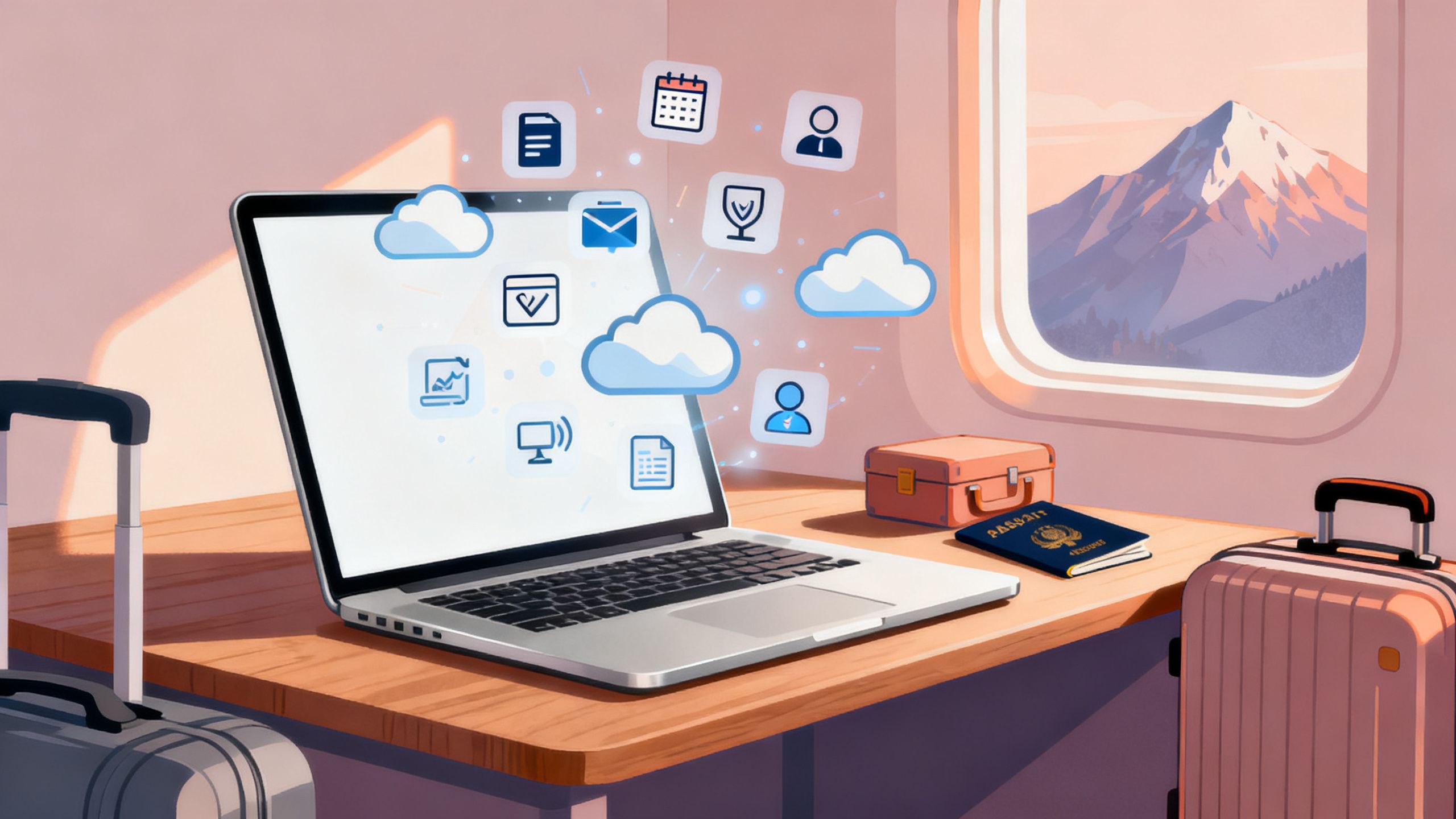 Cloud-based tools icons floating above a laptop in a travel setting
