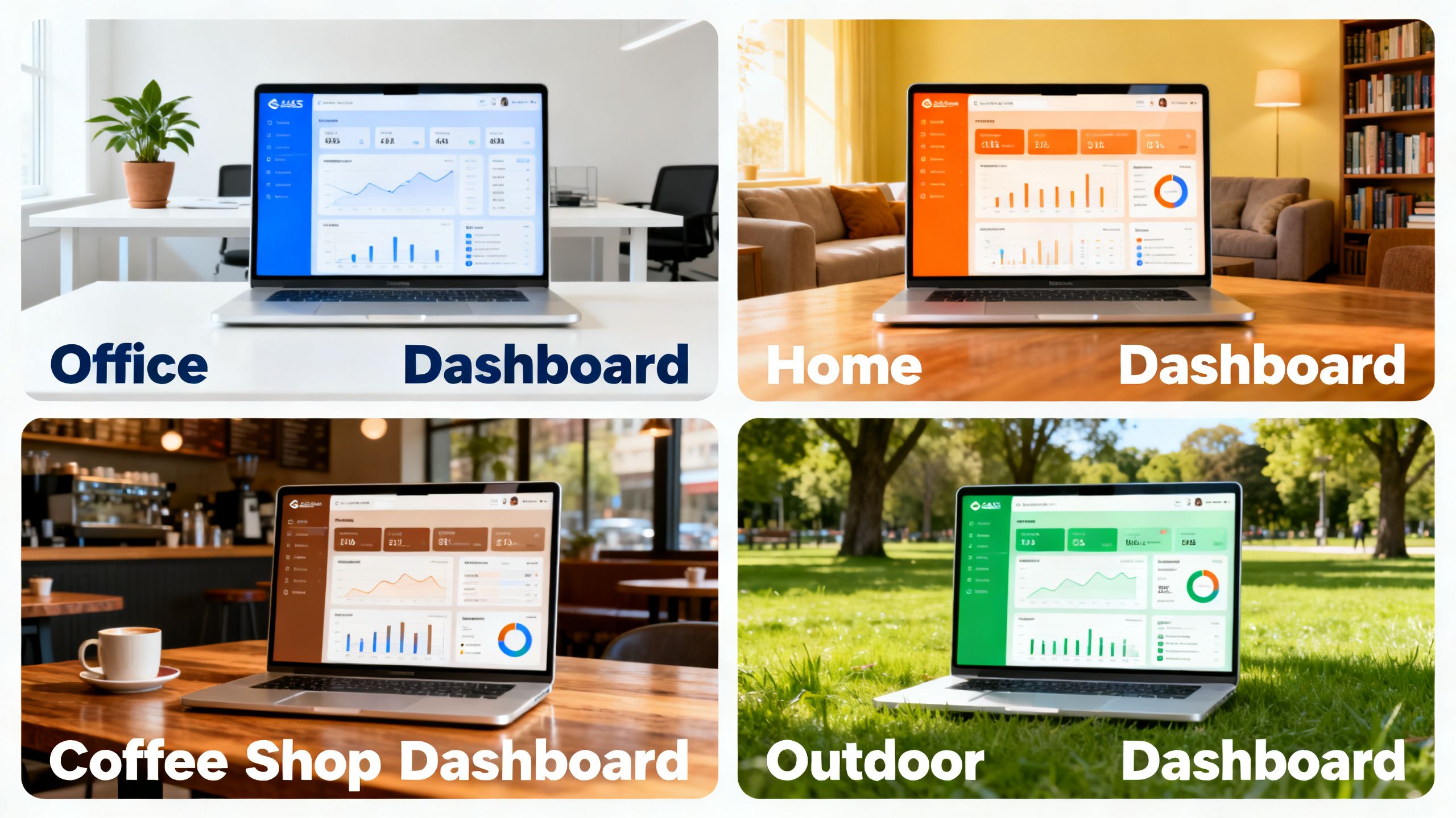 Tiled comparison images of various SaaS dashboards on a laptop in different settings