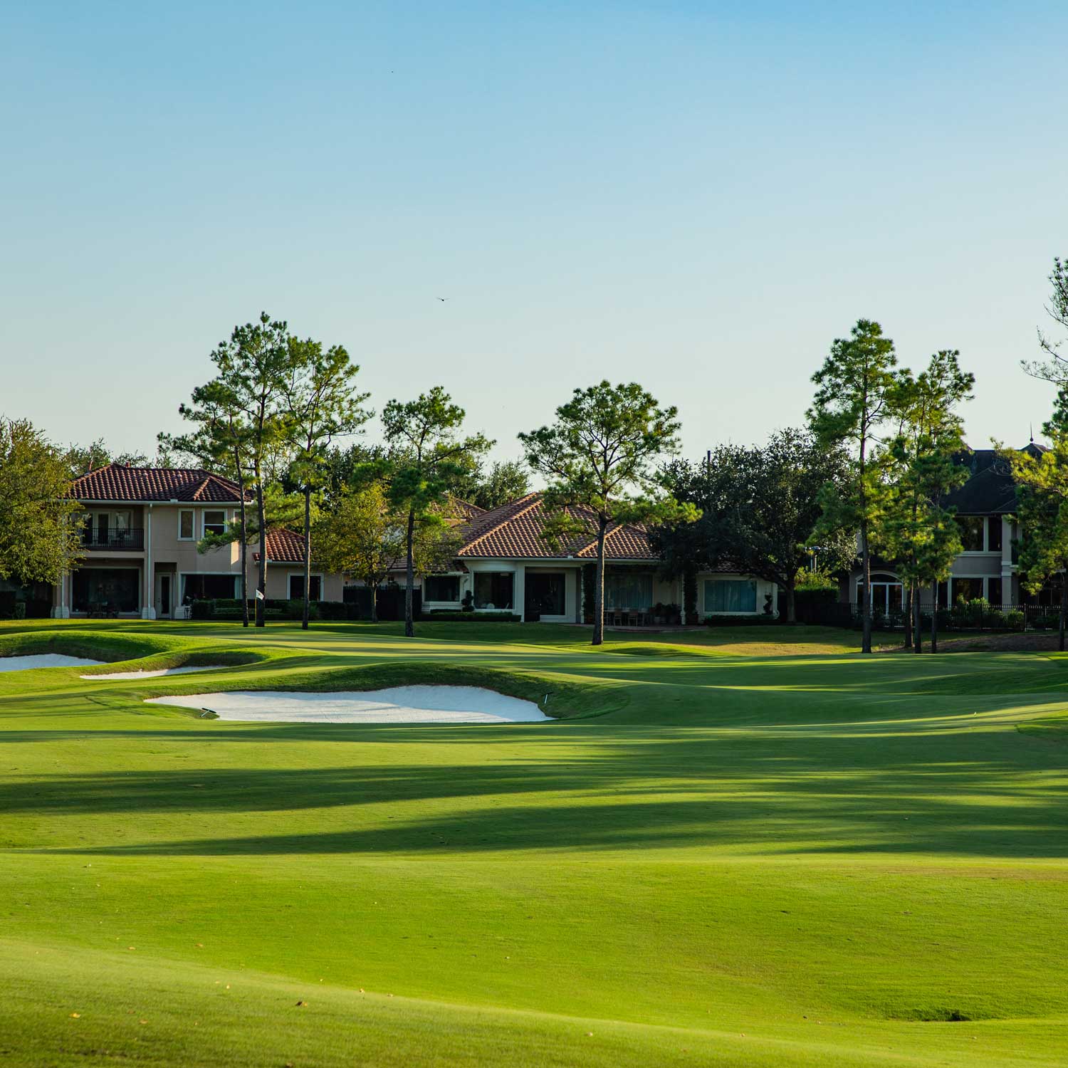 Green golf course with sand bunkers and trees, with houses in the background under a clear sky.