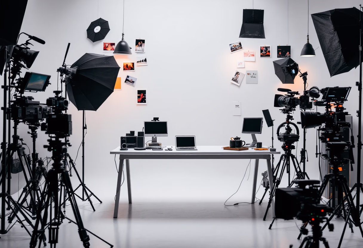 [background image] image of office workspace with desks (for a film production company)