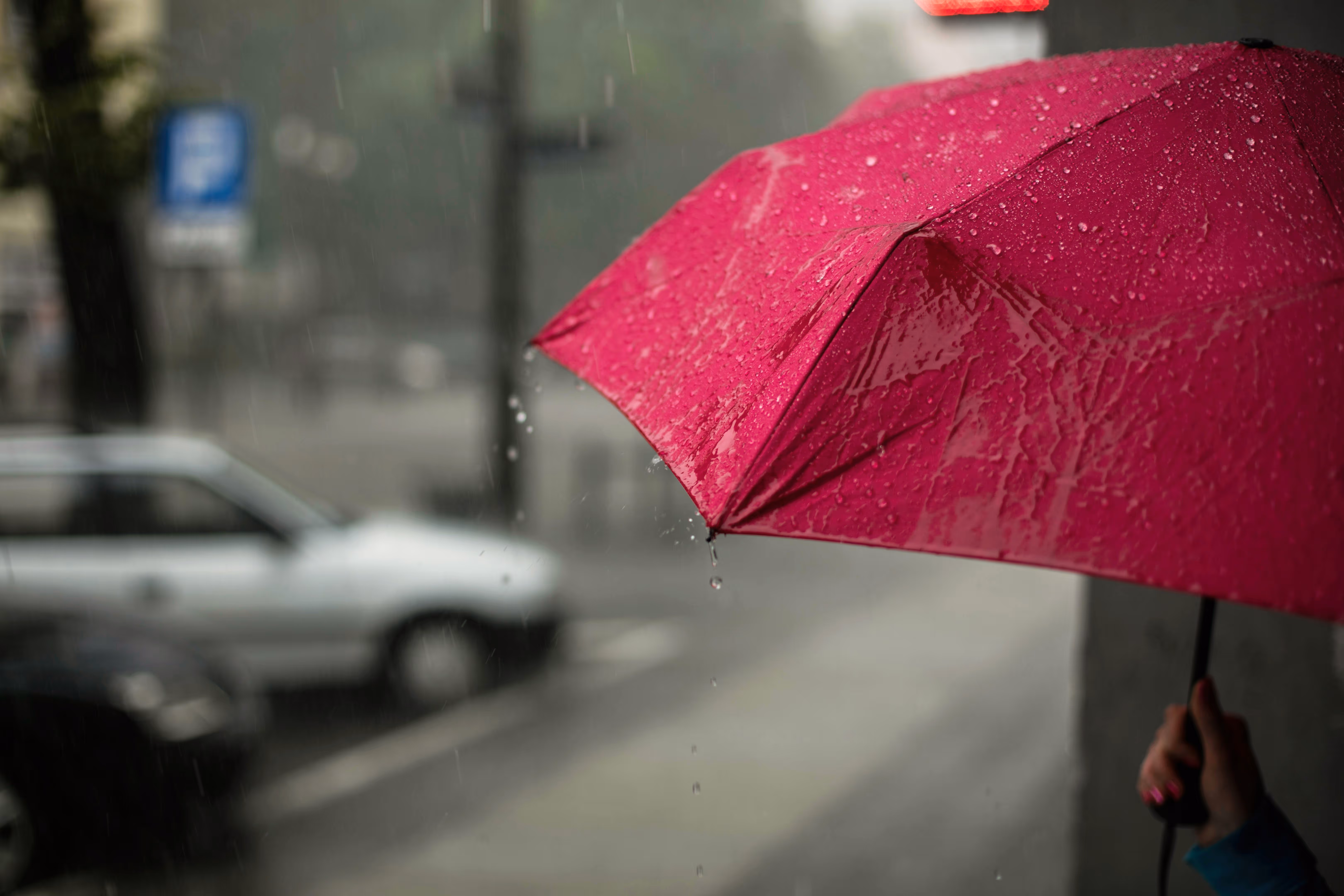 A vibrant red umbrella providing shelter from heavy rain on a wet city street, representing TrueSpan Group’s powerful liability umbrella insurance and asset protection.
