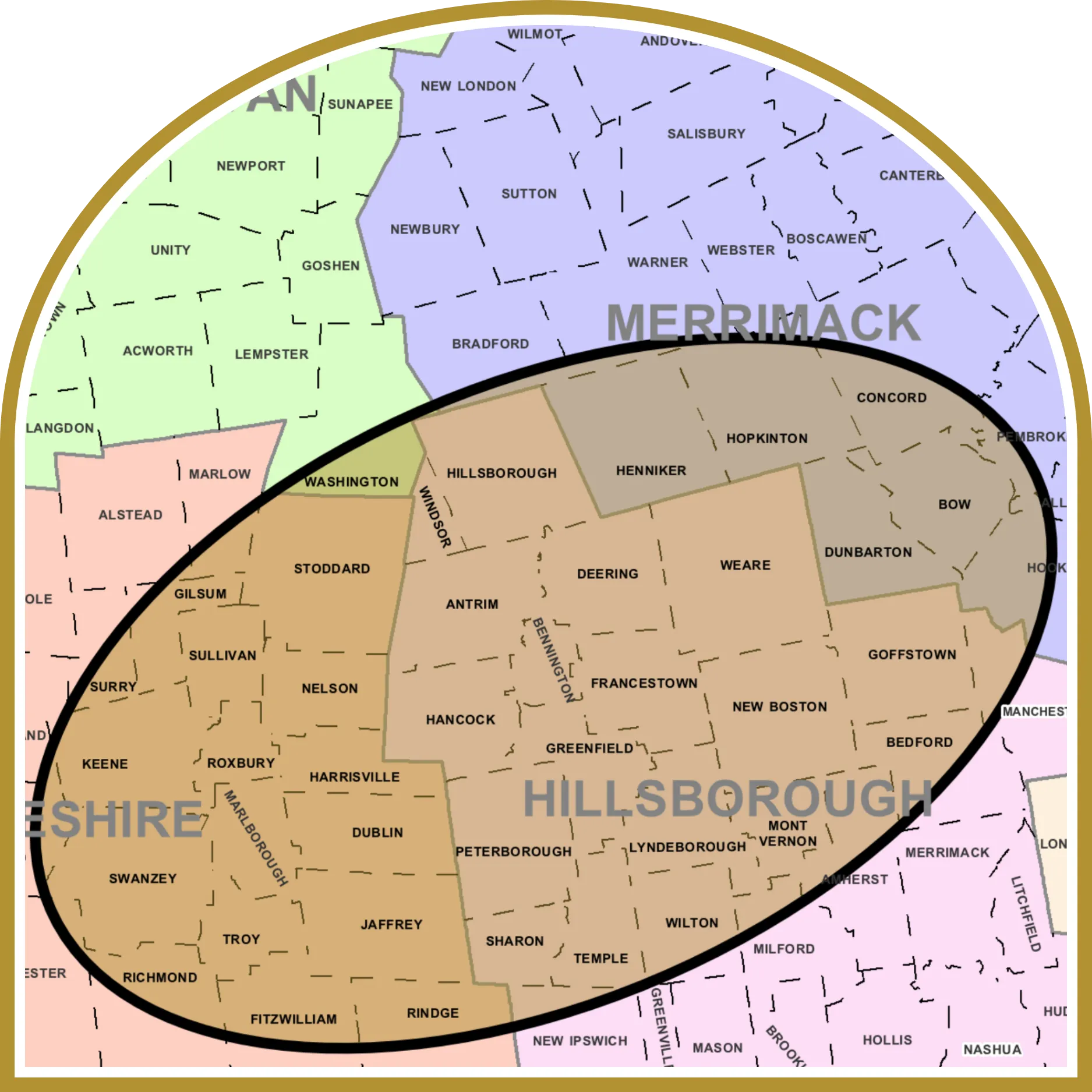 Map of Southern New Hampshire showing service area of the Weare area, Greater Keene, and everywhere in between.