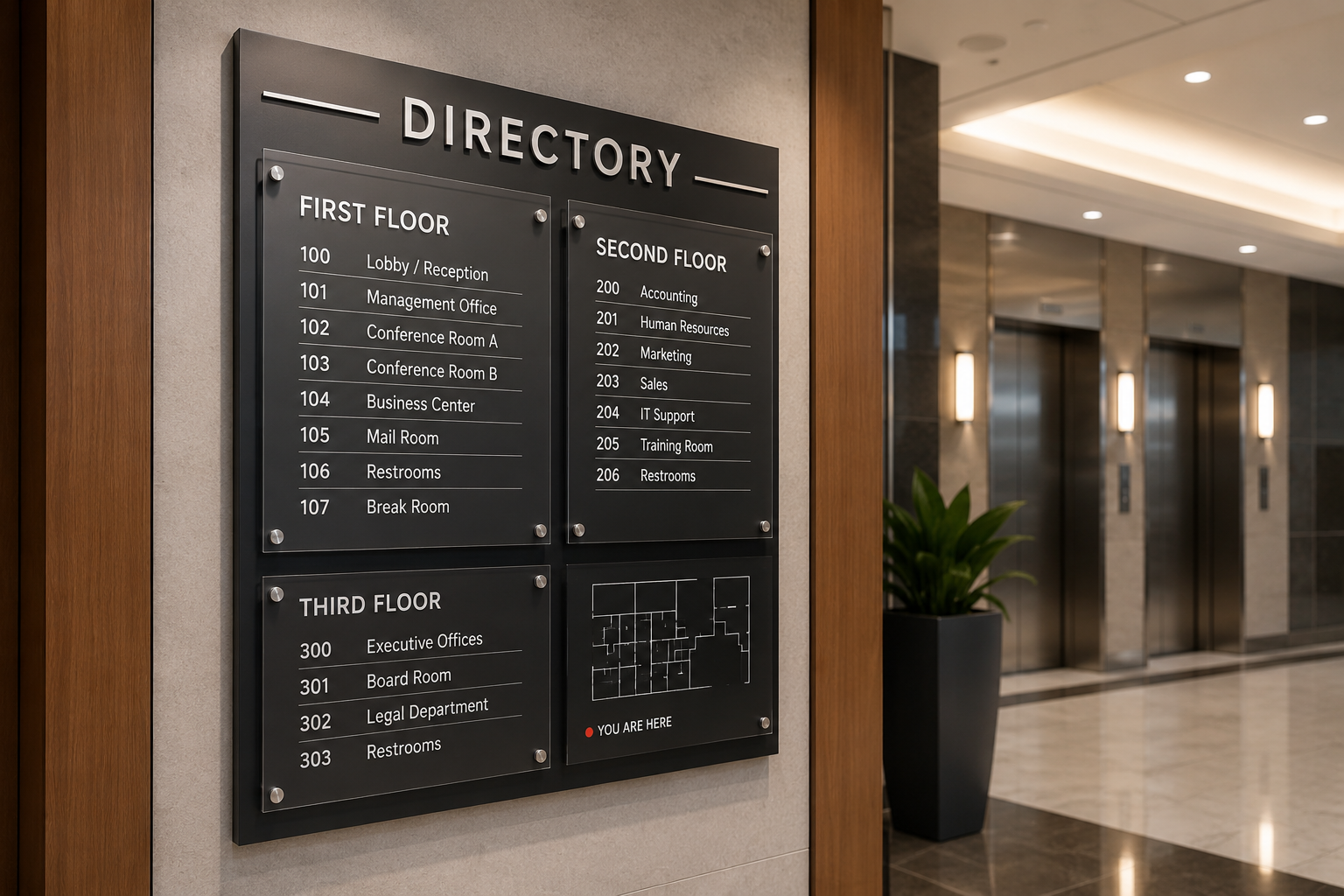Custom office signs for reception areas suites conference rooms and workplace interiors