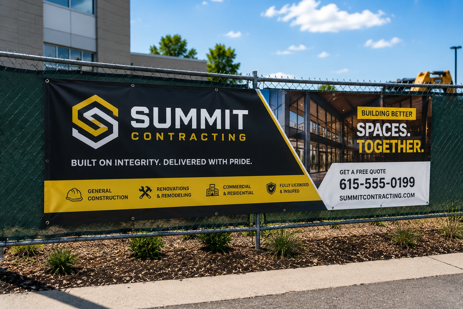 Custom fence banner signs for construction sites and outdoor advertising