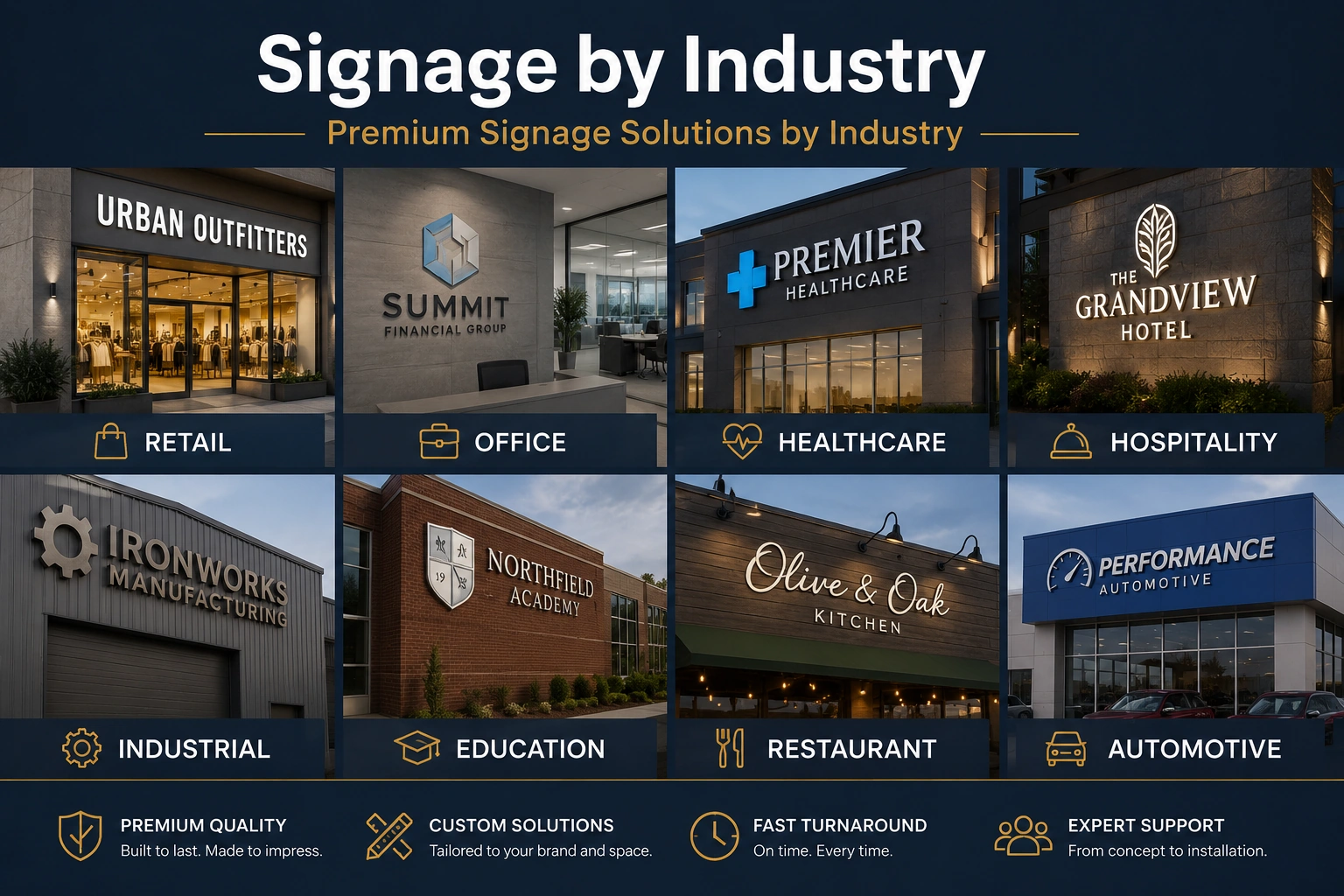 Custom signage solutions by industry for retail healthcare restaurants offices real estate and automotive businesses