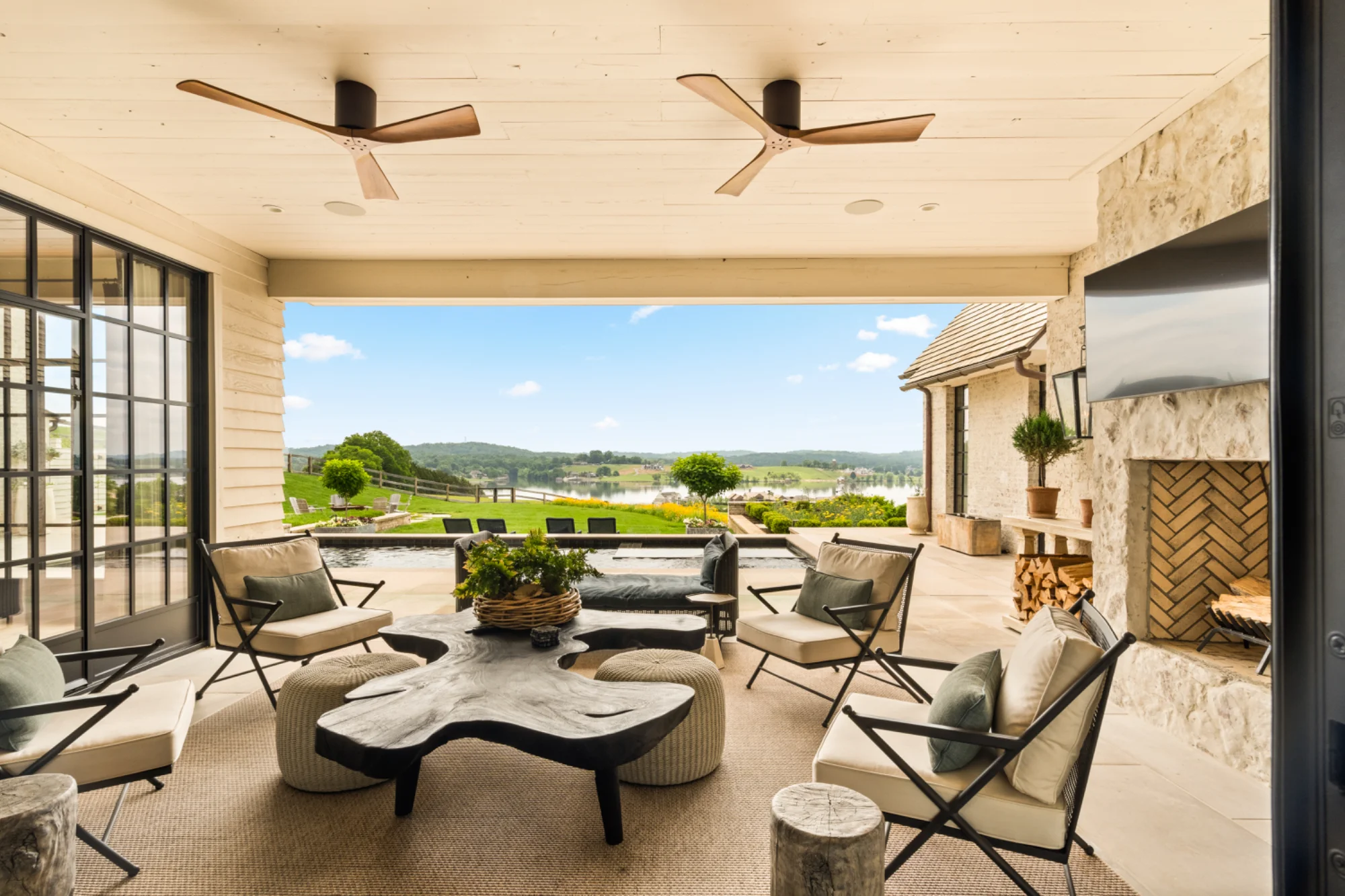 Covered porch seating with mountain view